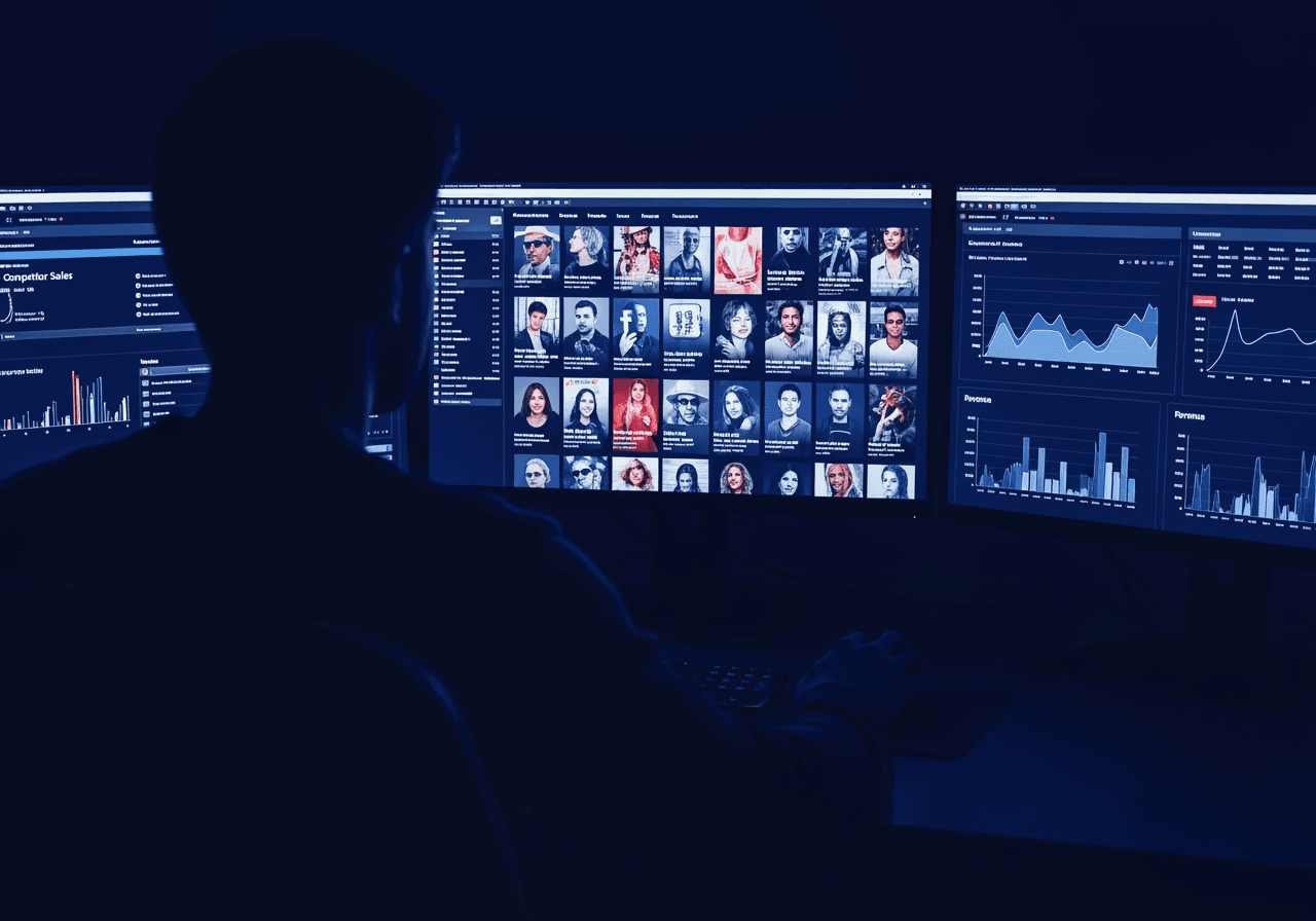 The founder at work late at night, reading competitor sales dashboards and ad creatives.