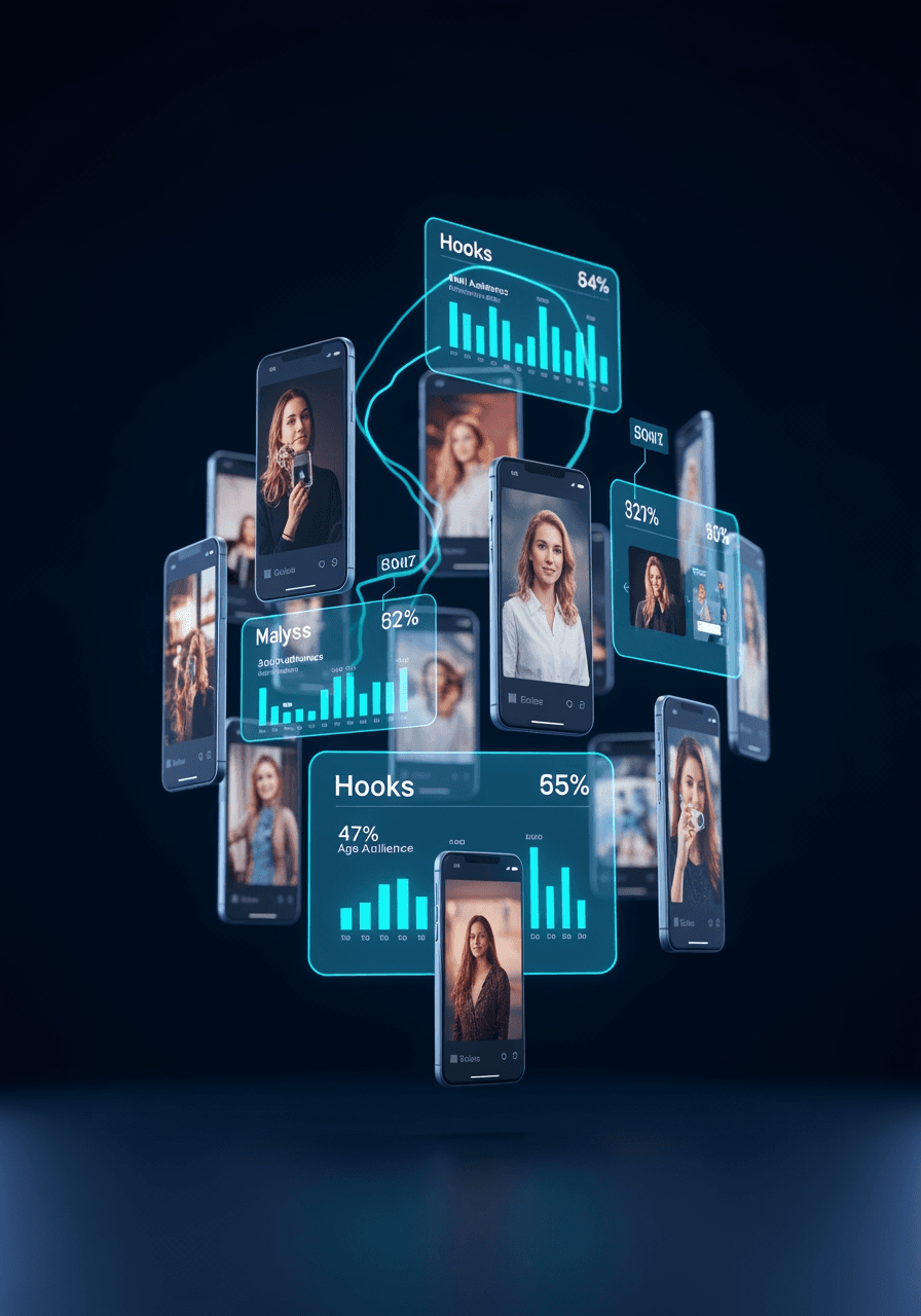 Floating competitor video ads decoded with hook and audience overlays.