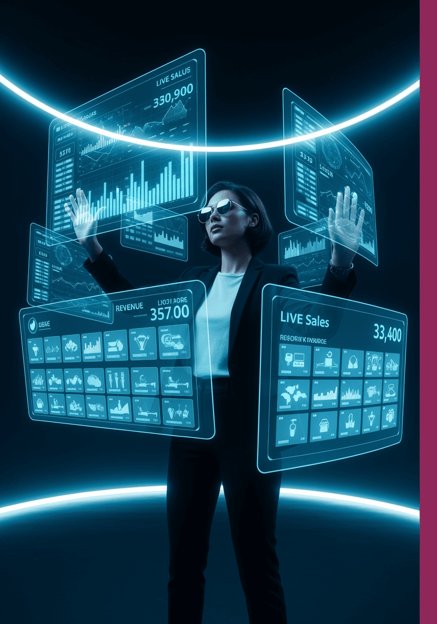 A marketer commanding live competitor sales dashboards and ad creatives.